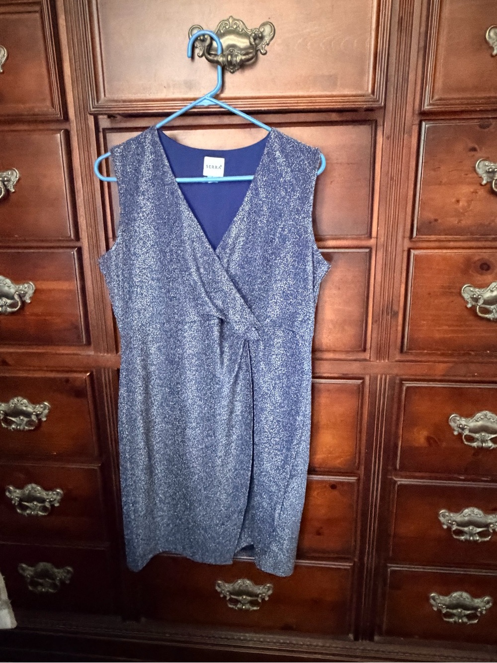 Sleeveless Navy Sparkle Faux-Wrap Midi Dress